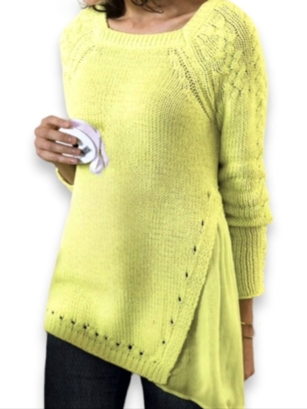Soft Surroundings Cable Knit Sweater Large Bright Yellow Sheer Accent Side